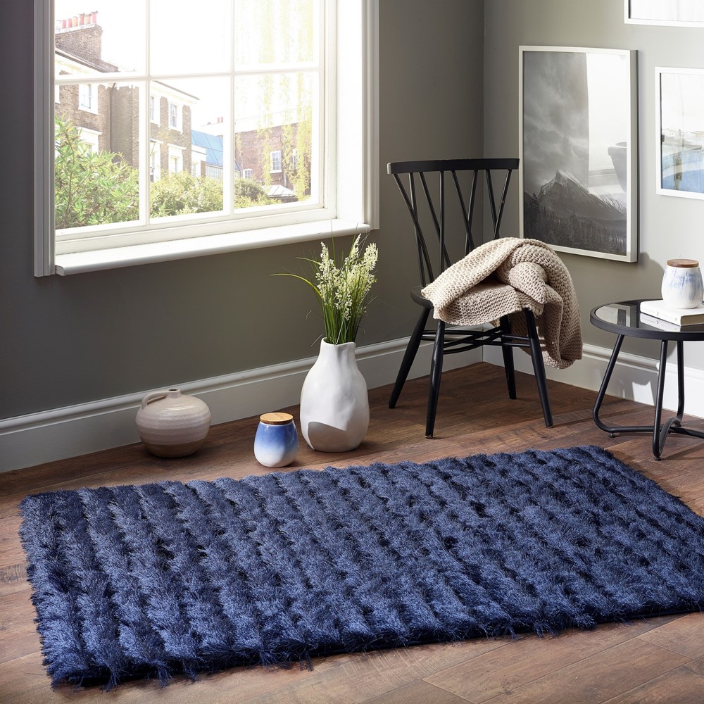 Carved Glamour Shaggy Rugs in Navy Blue